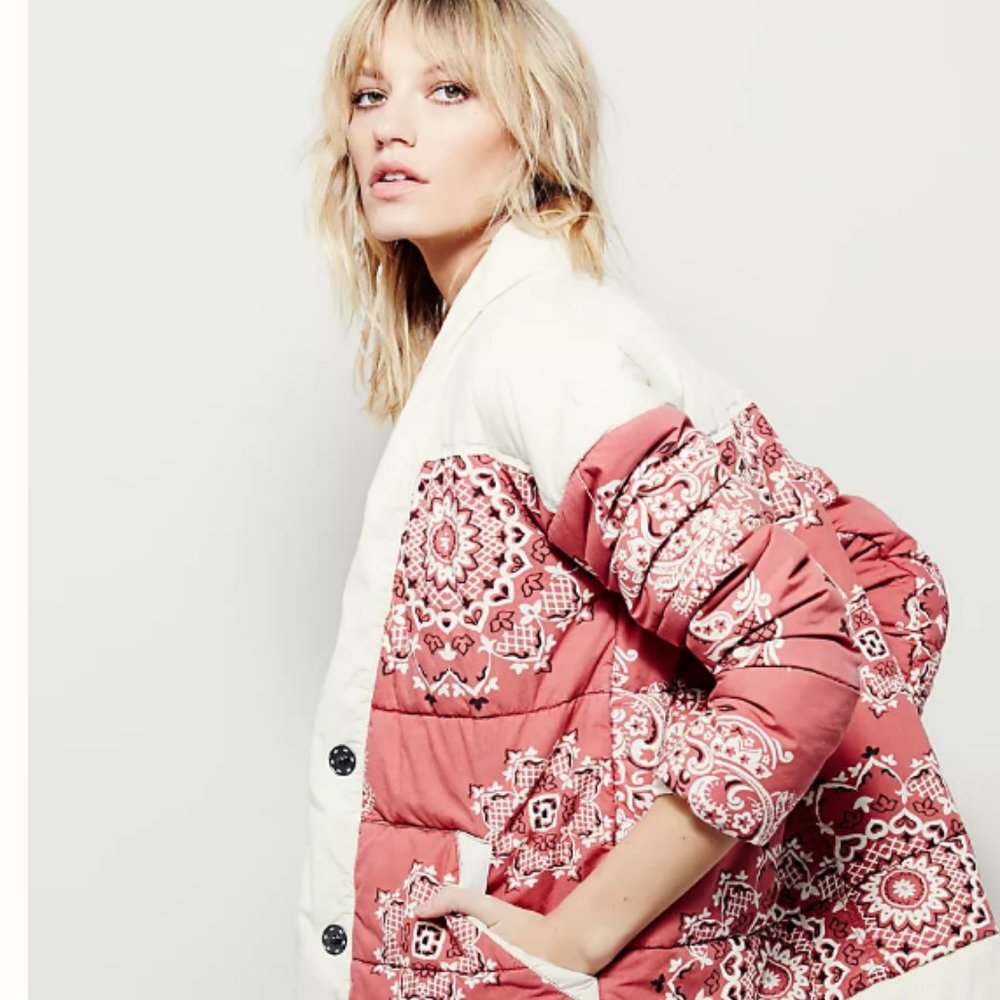 Free People Paisley Poplin Quilted Jacket in Pink XS NWT